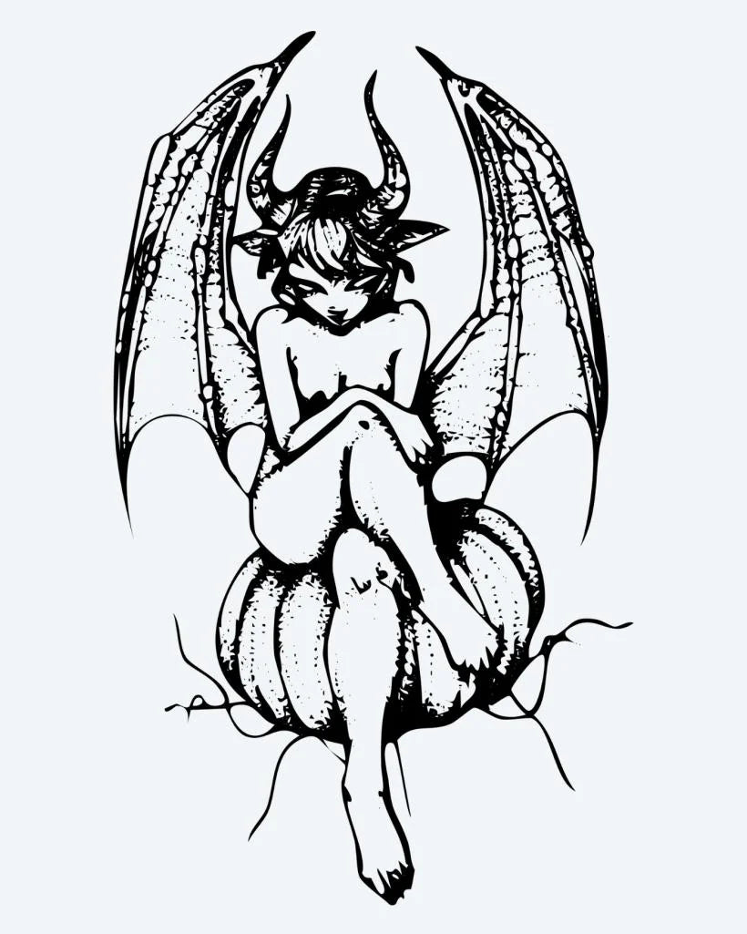 Succubus semi-permanent tattoo design by INKON – alluring, succubus, winged, demon, girl illustration, 3 x 4 in (7x10cm), available at inkon.co