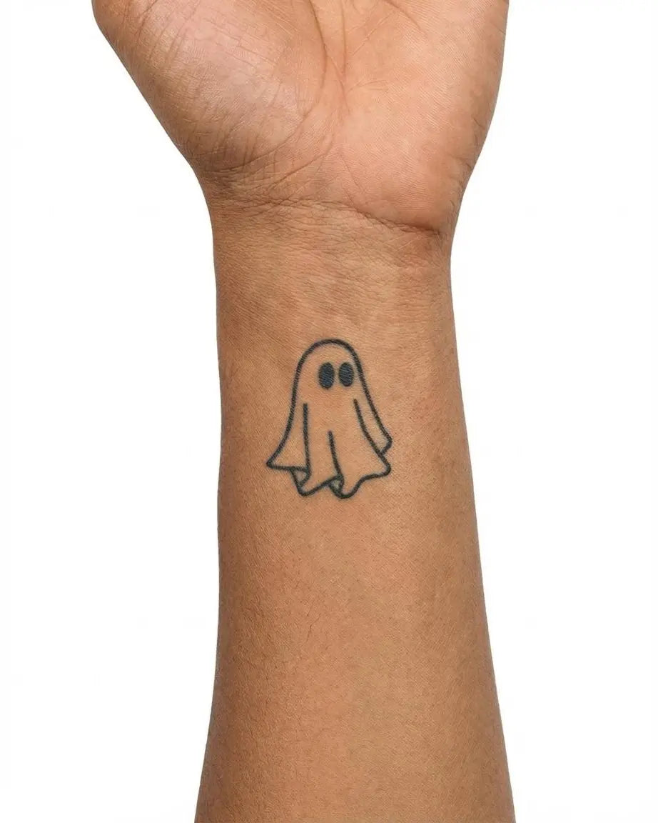 INKON Cute Ghost semi-permanent tattoo applied on a man – 2 x 2 in (5x5cm) design, realistic ink look, lasts 10 days