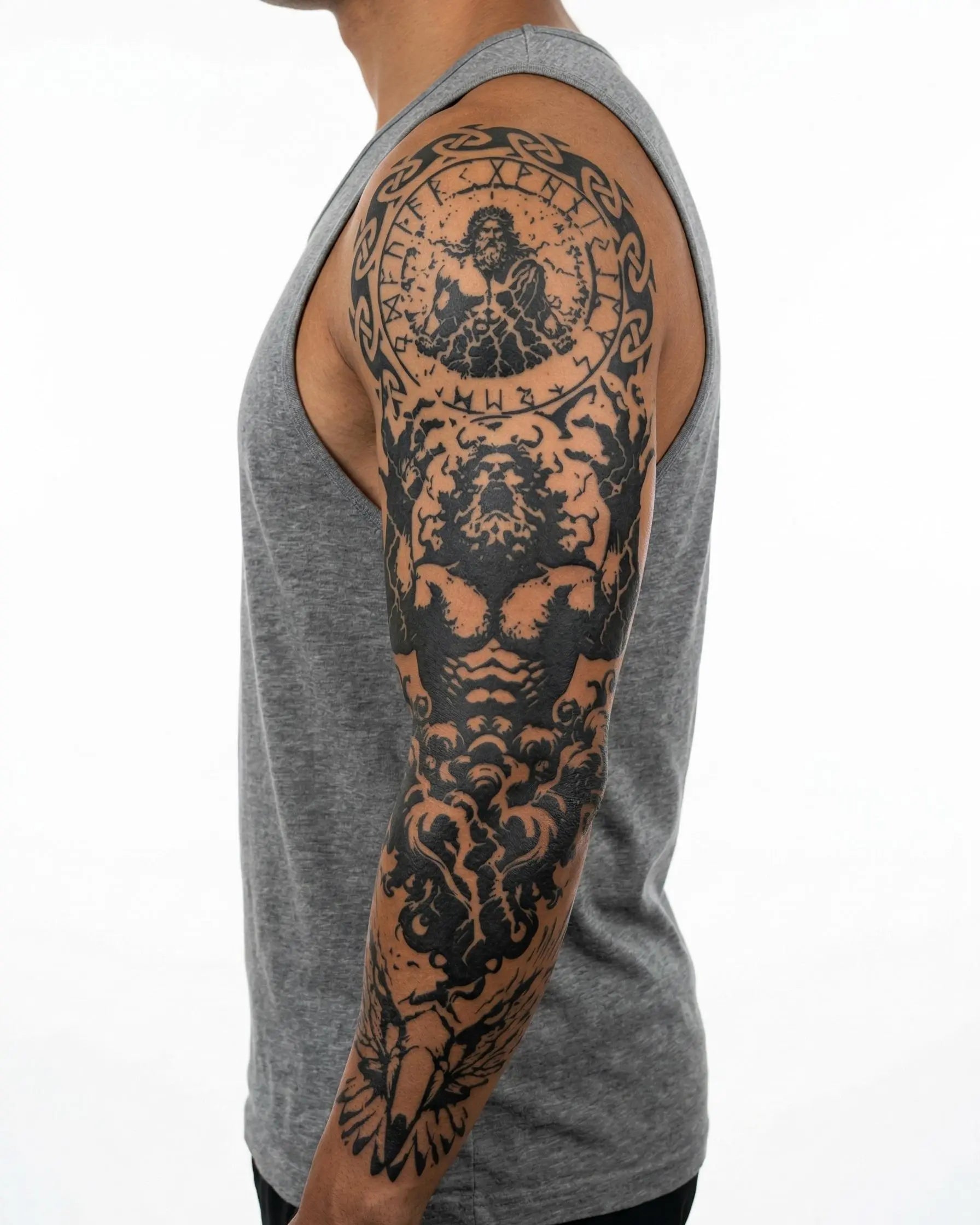 INKON Atlas & Zodiac semi-permanent tattoo applied on a man – 8 x 20 in (20x50cm) design, realistic ink look, lasts 10 days