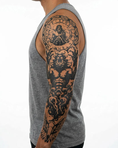 INKON Atlas & Zodiac semi-permanent tattoo applied on a man – 8 x 20 in (20x50cm) design, realistic ink look, lasts 10 days