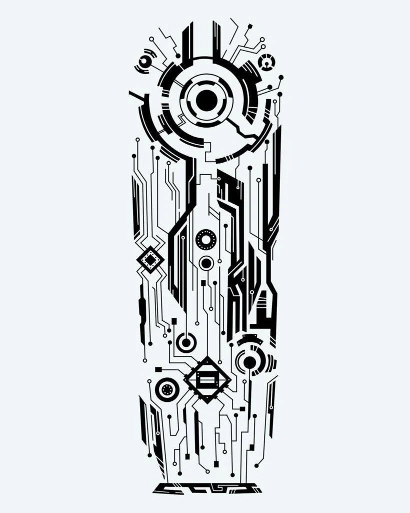 Cyberpunk Circuit semi-permanent tattoo design by INKON – futuristic, circuit, board, patterns, mechanical illustration, 8 x 20 in (20x50cm), available at inkon.co