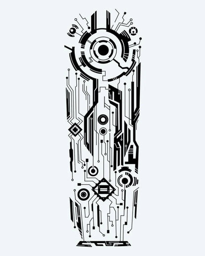 Cyberpunk Circuit semi-permanent tattoo design by INKON – futuristic, circuit, board, patterns, mechanical illustration, 8 x 20 in (20x50cm), available at inkon.co