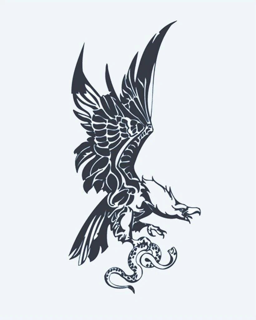 Eagle & Snake semi-permanent tattoo design by INKON – eagle, swooping, down, catch, serpent illustration, 4 x 7 in (10x17cm), available at inkon.co