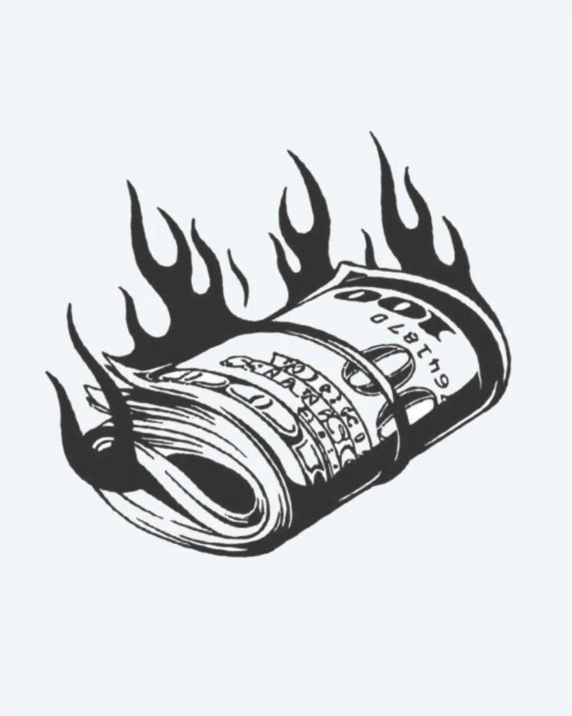 Burning Money Roll semi-permanent tattoo design by INKON – burning, cash, roll, rolled, stack illustration, 3 x 4 in (7x10cm), available at inkon.co