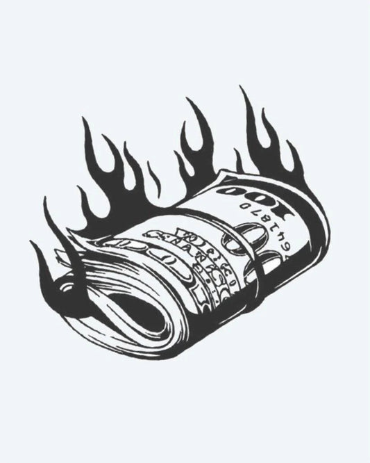 Burning Money Roll semi-permanent tattoo design by INKON – burning, cash, roll, rolled, stack illustration, 3 x 4 in (7x10cm), available at inkon.co