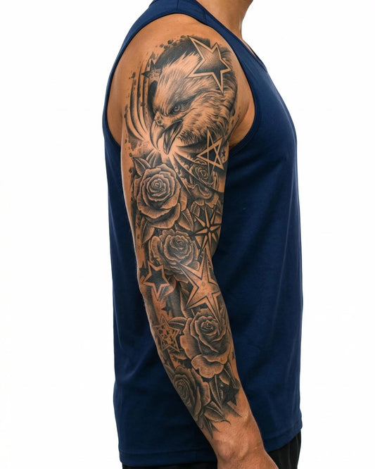 INKON Eagle, Stars & Roses semi-permanent tattoo applied on a man – 8 x 20 in (20x50cm) design, realistic ink look, lasts 10 days