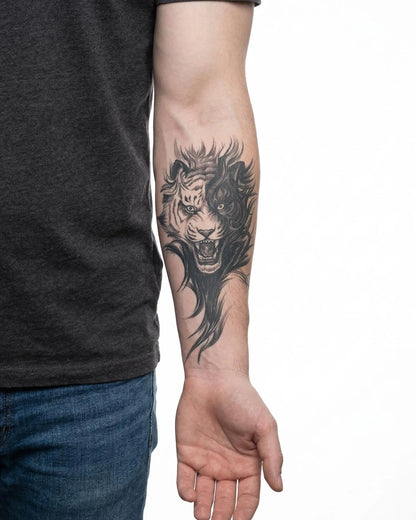 INKON Roaring Tiger semi-permanent tattoo applied on a man – 4 x 7 in (10x17cm) design, realistic ink look, lasts 10 days