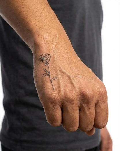 INKON Single Rose semi-permanent tattoo applied on a man – 2 x 2 in (5x5cm) design, realistic ink look, lasts 10 days