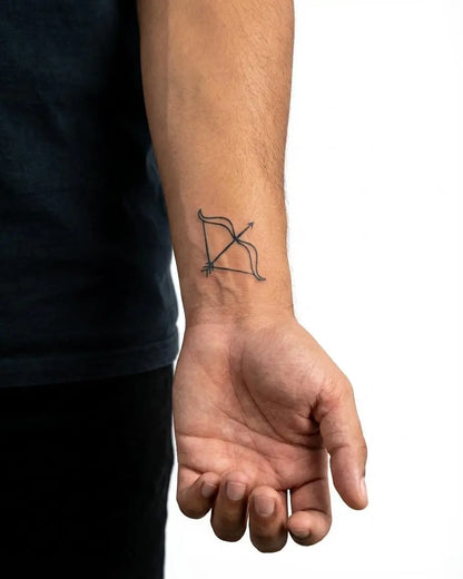 INKON Bow & Arrow semi-permanent tattoo applied on a man – 2 x 2 in (5x5cm) design, realistic ink look, lasts 10 days