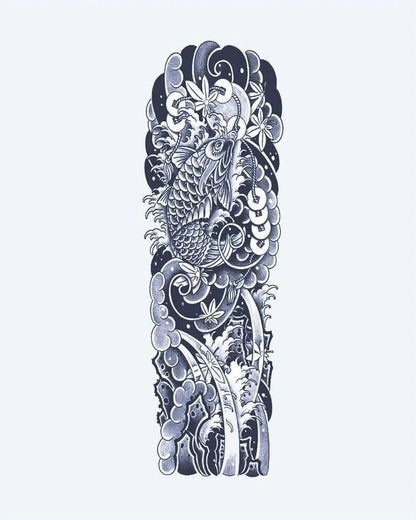 Koi Fish & Waves Sleeve semi-permanent tattoo design by INKON – japanese, irezumi, full, sleeve, fish illustration, 8 x 20 in (20x50cm), available at inkon.co