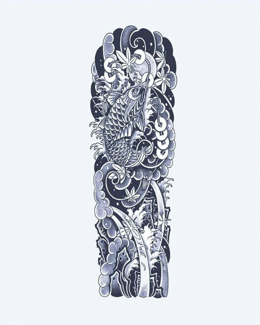 Koi Fish & Waves Sleeve semi-permanent tattoo design by INKON – japanese, irezumi, full, sleeve, fish illustration, 8 x 20 in (20x50cm), available at inkon.co
