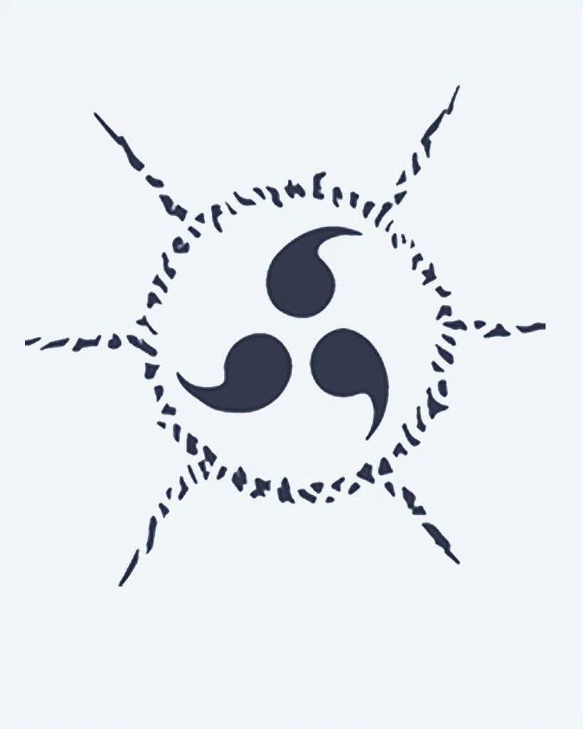 Cursed Seal Tomoe semi-permanent tattoo design by INKON – three, tomoe, seal, surrounded, jagged illustration, 2 x 2 in (5x5cm), available at inkon.co