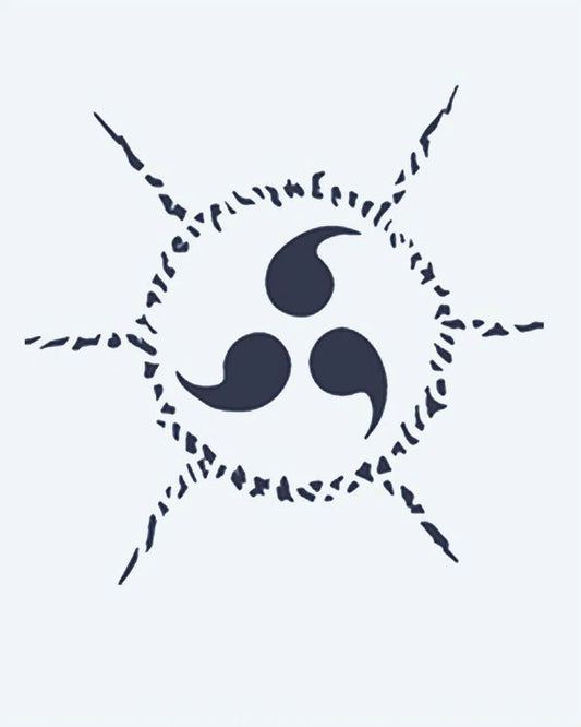 Cursed Seal Tomoe semi-permanent tattoo design by INKON – three, tomoe, seal, surrounded, jagged illustration, 2 x 2 in (5x5cm), available at inkon.co