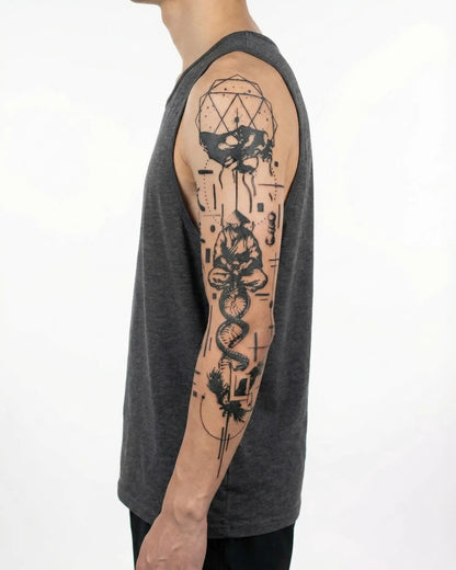INKON Japanese Dragon & Kanji semi-permanent tattoo applied on a man – 8 x 20 in (20x50cm) design, realistic ink look, lasts 10 days