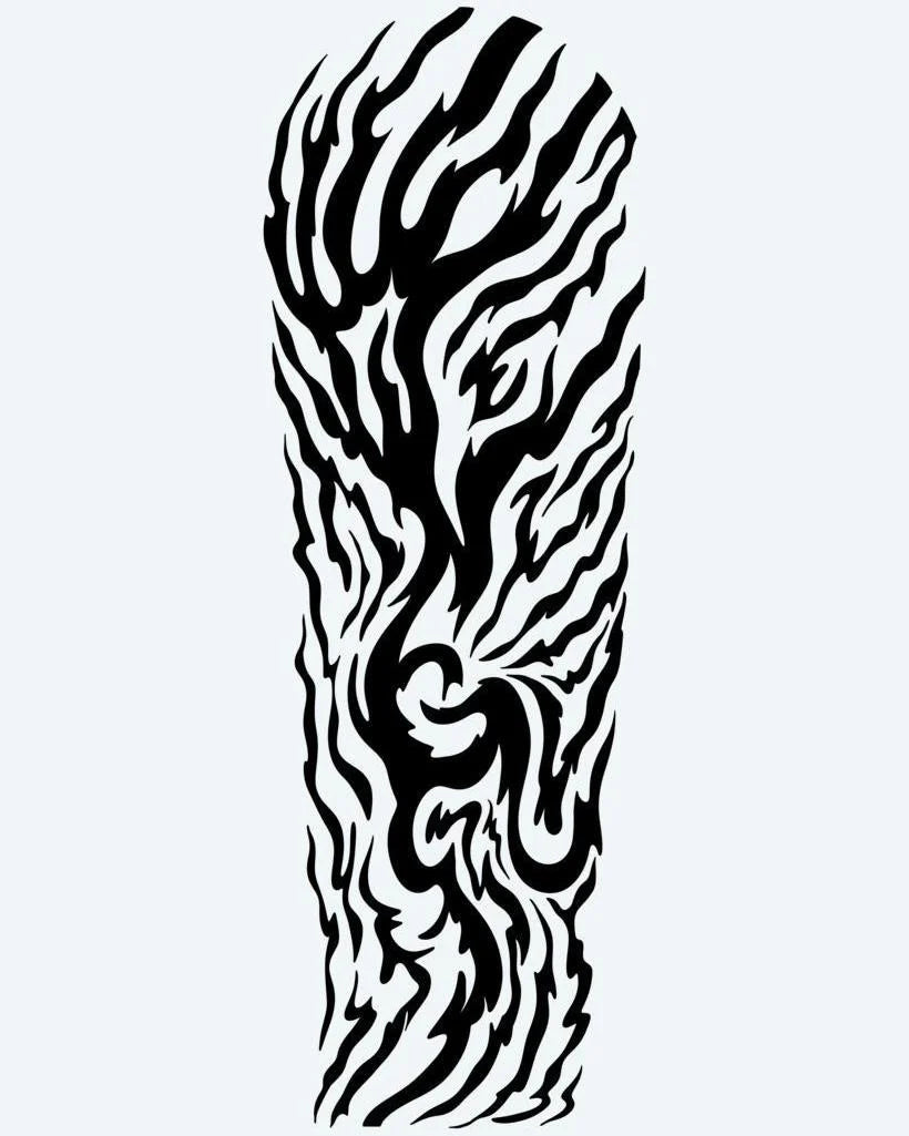 Tribal Flame Sleeve semi-permanent tattoo design by INKON – intense, tribal, flame, organic, fire illustration, 8 x 20 in (20x50cm), available at inkon.co