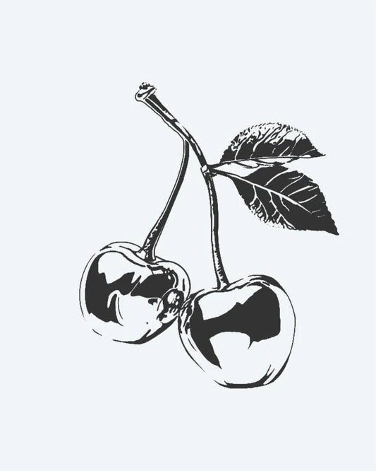 Cherries semi-permanent tattoo design by INKON – pair, ripe, cherries, stem, leaf illustration, 2 x 2 in (5x5cm), available at inkon.co
