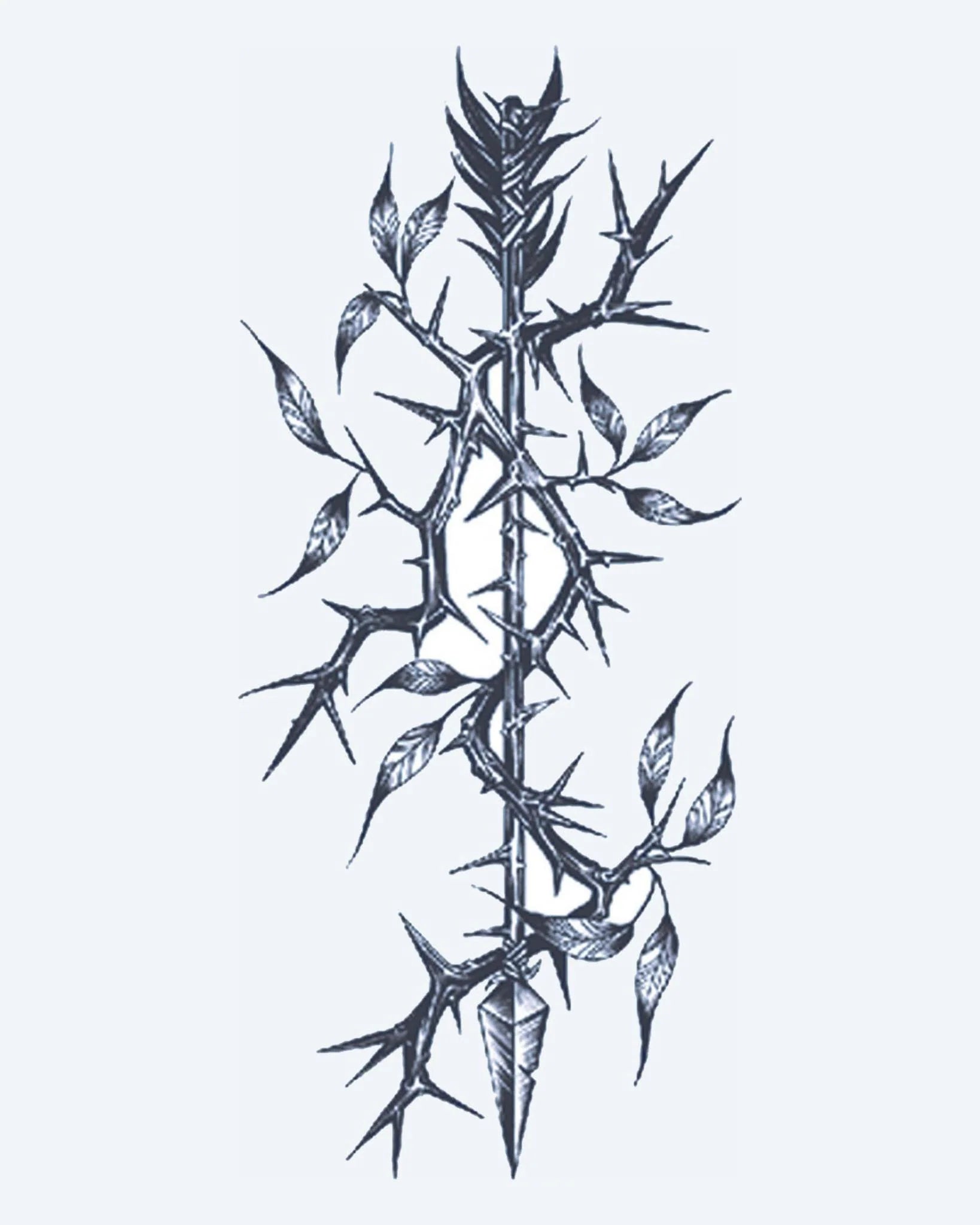 Thorny Branch semi-permanent tattoo design by INKON – vertical, thorny, vine, branch, leaves illustration, 4 x 7 in (10x17cm), available at inkon.co