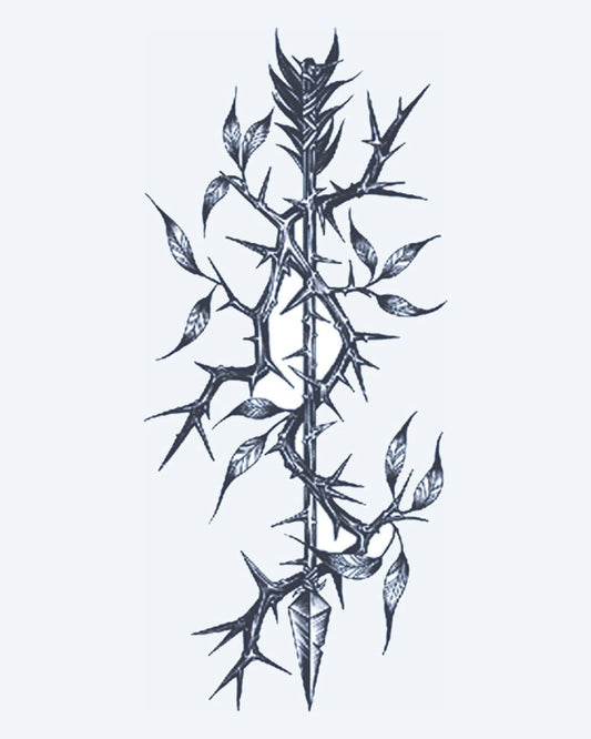 Thorny Branch semi-permanent tattoo design by INKON – vertical, thorny, vine, branch, leaves illustration, 4 x 7 in (10x17cm), available at inkon.co