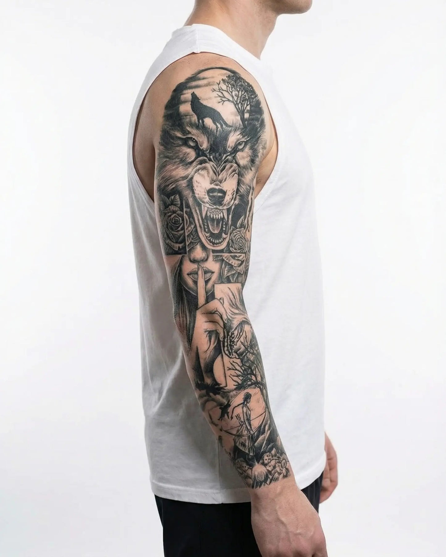 INKON Wolf & Forest Night semi-permanent tattoo applied on a man – 8 x 20 in (20x50cm) design, realistic ink look, lasts 10 days