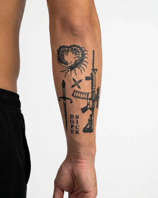 INKON Weapons & Centipede Flash Sheet semi-permanent tattoo applied on a man – 4 x 7 in (10x17cm) design, realistic ink look, lasts 10 days