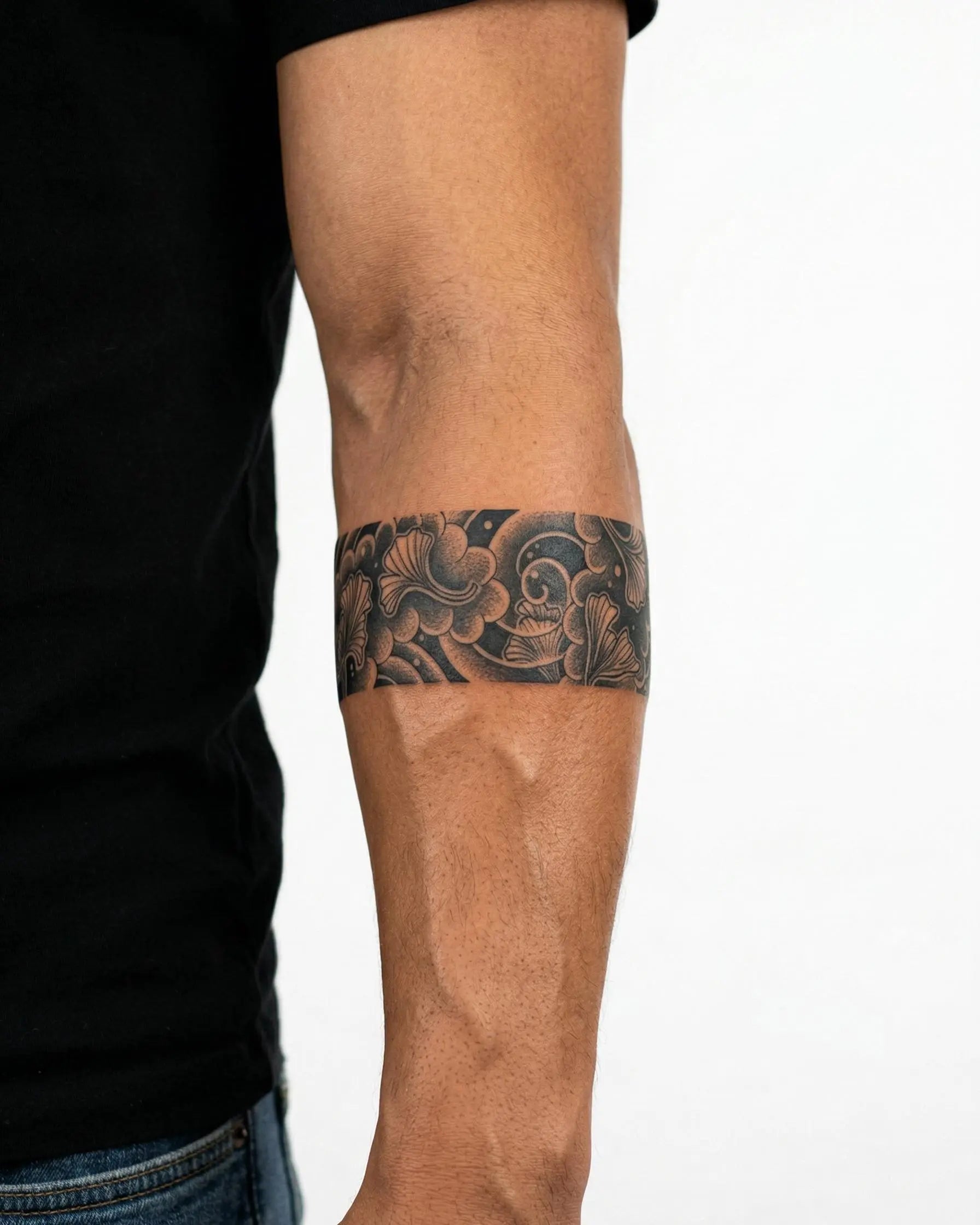 INKON Ginkgo Leaves & Clouds Band semi-permanent tattoo applied on a man – 2 x 9 in (5x23cm) design, realistic ink look, lasts 10 days