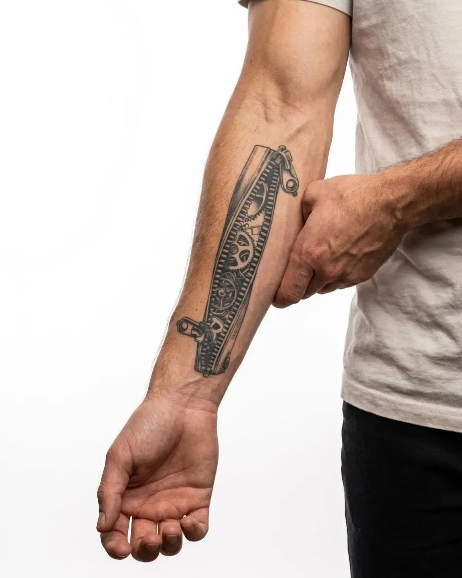 INKON Steampunk Gears Band semi-permanent tattoo applied on a man – 4 x 8 in (11x21cm) design, realistic ink look, lasts 10 days
