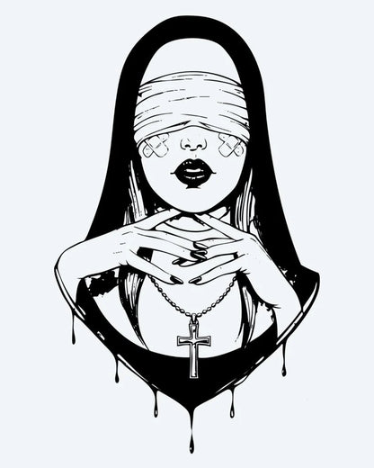 Blindfolded Nun semi-permanent tattoo design by INKON – mysterious, blindfolded, woman, veil, holding illustration, 4 x 7 in (10x17cm), available at inkon.co