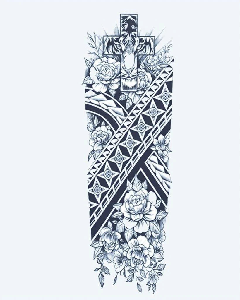 Tribal Cross & Roses semi-permanent tattoo design by INKON – full, sleeve, combining, cross, polynesian illustration, 8 x 20 in (20x50cm), available at inkon.co