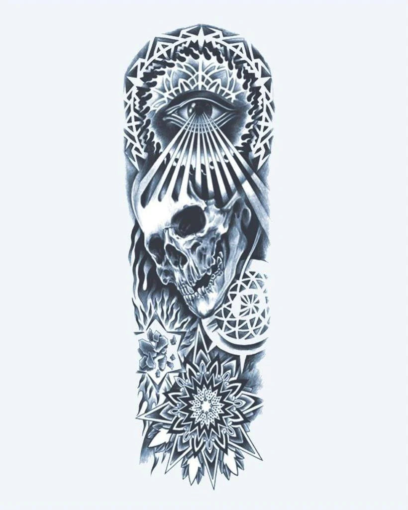 Skull, All-Seeing Eye & Mandala semi-permanent tattoo design by INKON – mystical, full, sleeve, skull, seeing illustration, 8 x 20 in (20x50cm), available at inkon.co