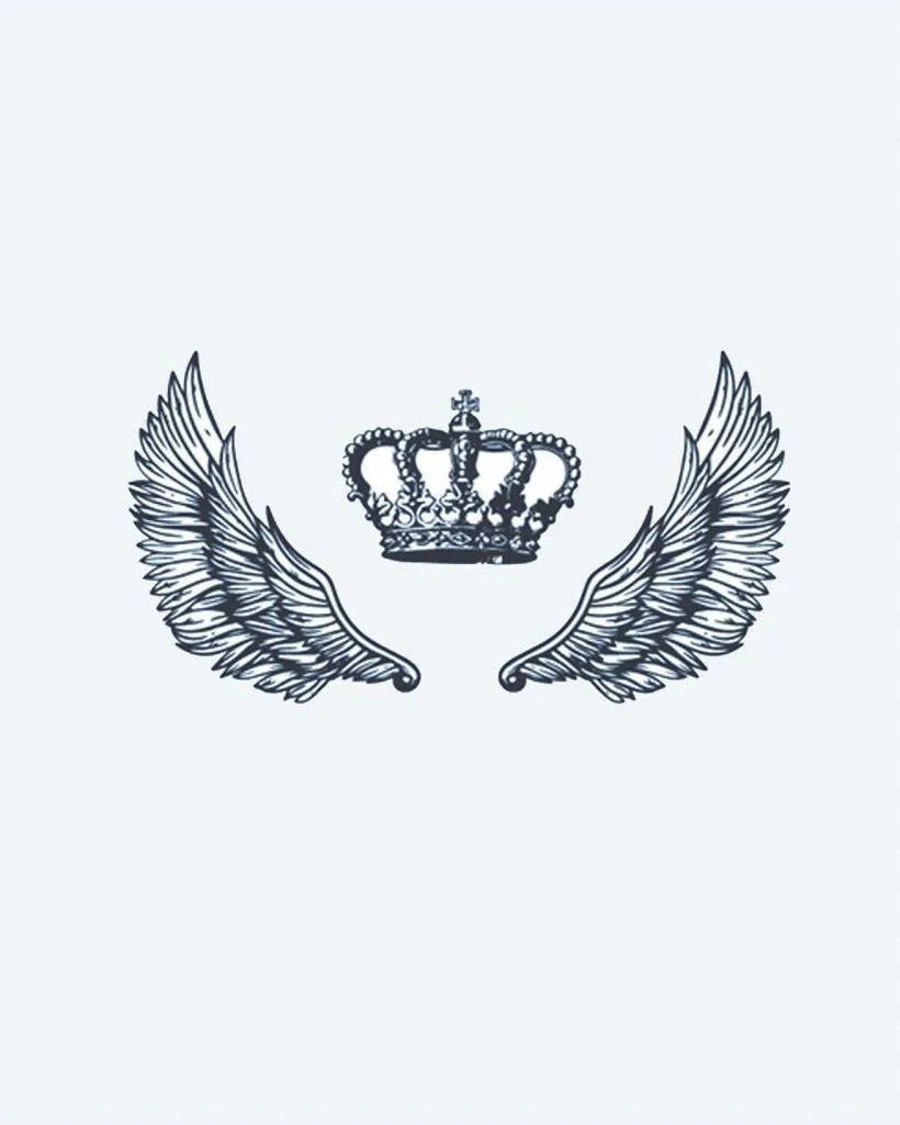 Winged Crown semi-permanent tattoo design by INKON – royal, crown, flanked, pair, spread illustration, 3 x 4 in (6x11cm), available at inkon.co