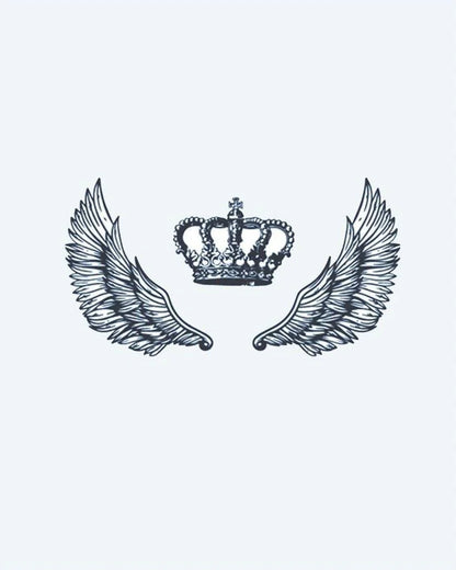 Winged Crown semi-permanent tattoo design by INKON – royal, crown, flanked, pair, spread illustration, 3 x 4 in (6x11cm), available at inkon.co