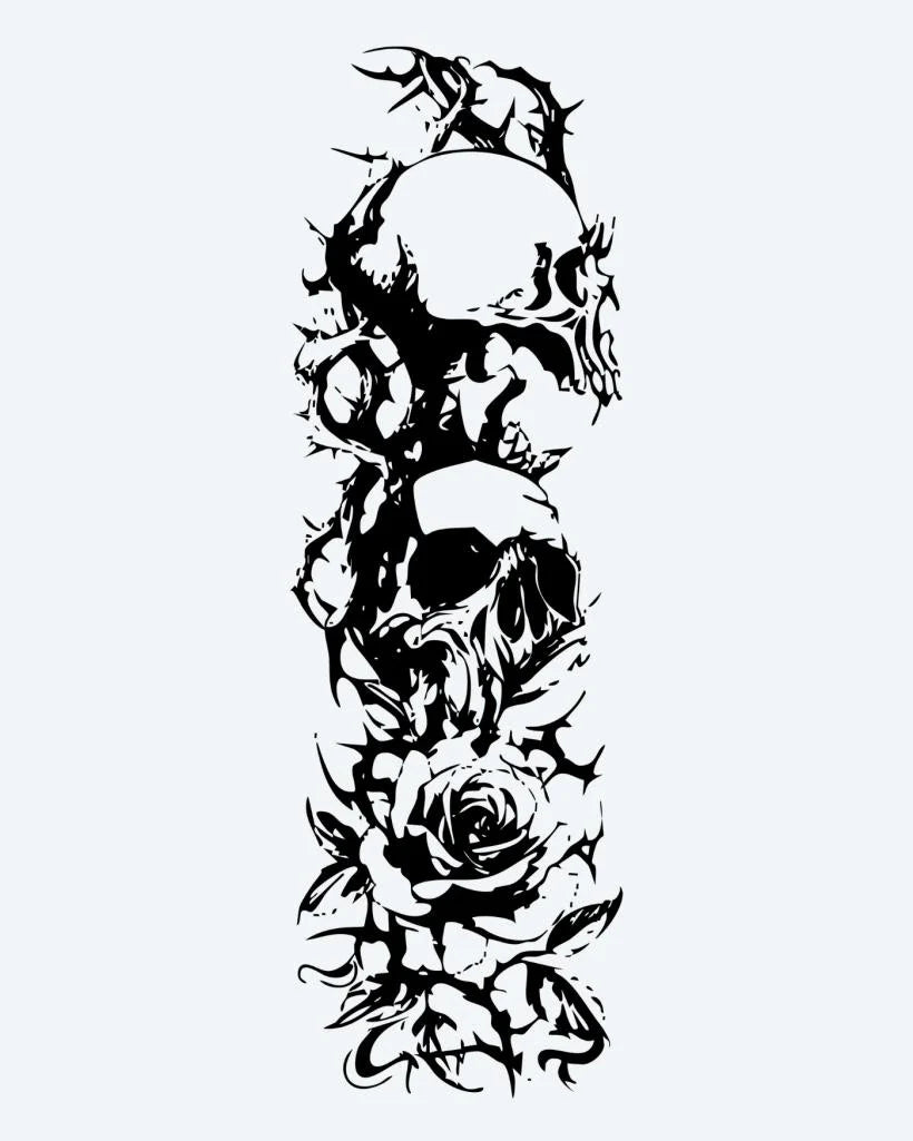 Skulls & Roses Sleeve semi-permanent tattoo design by INKON – full, sleeve, skulls, intertwined, roses illustration, 8 x 20 in (20x50cm), available at inkon.co