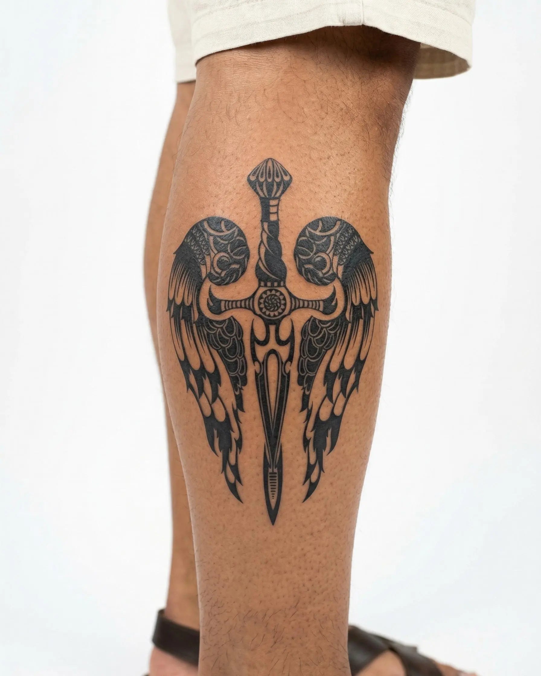 INKON Winged Dagger semi-permanent tattoo applied on a man – 4 x 7 in (10x17cm) design, realistic ink look, lasts 10 days
