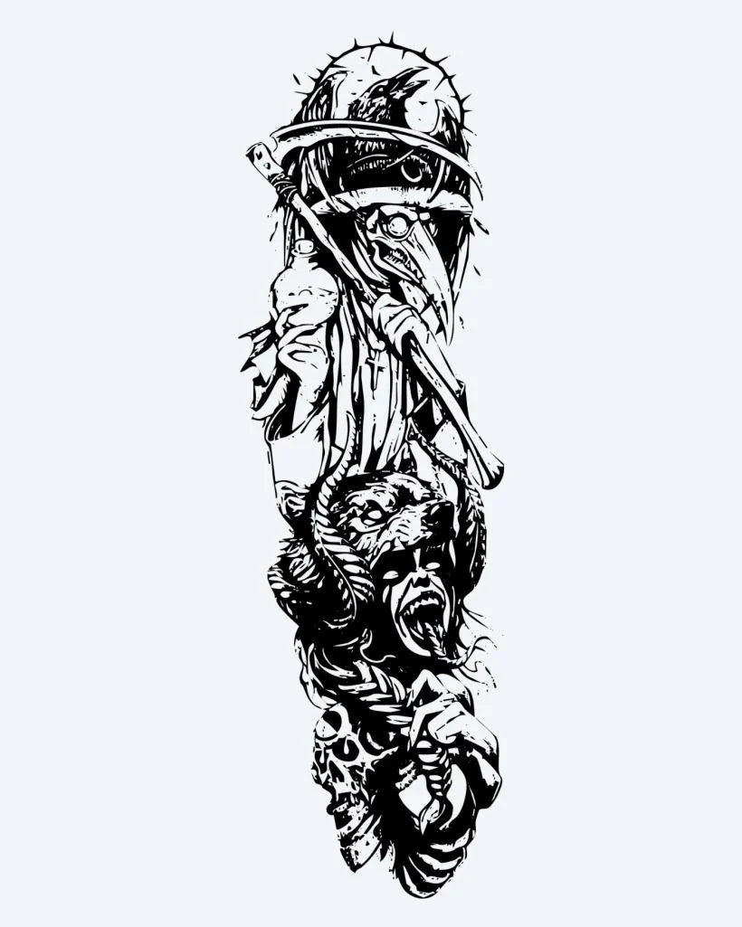 Plague Doctor & Bear semi-permanent tattoo design by INKON – dark, plague, doctor, figure, bear illustration, 8 x 20 in (20x50cm), available at inkon.co