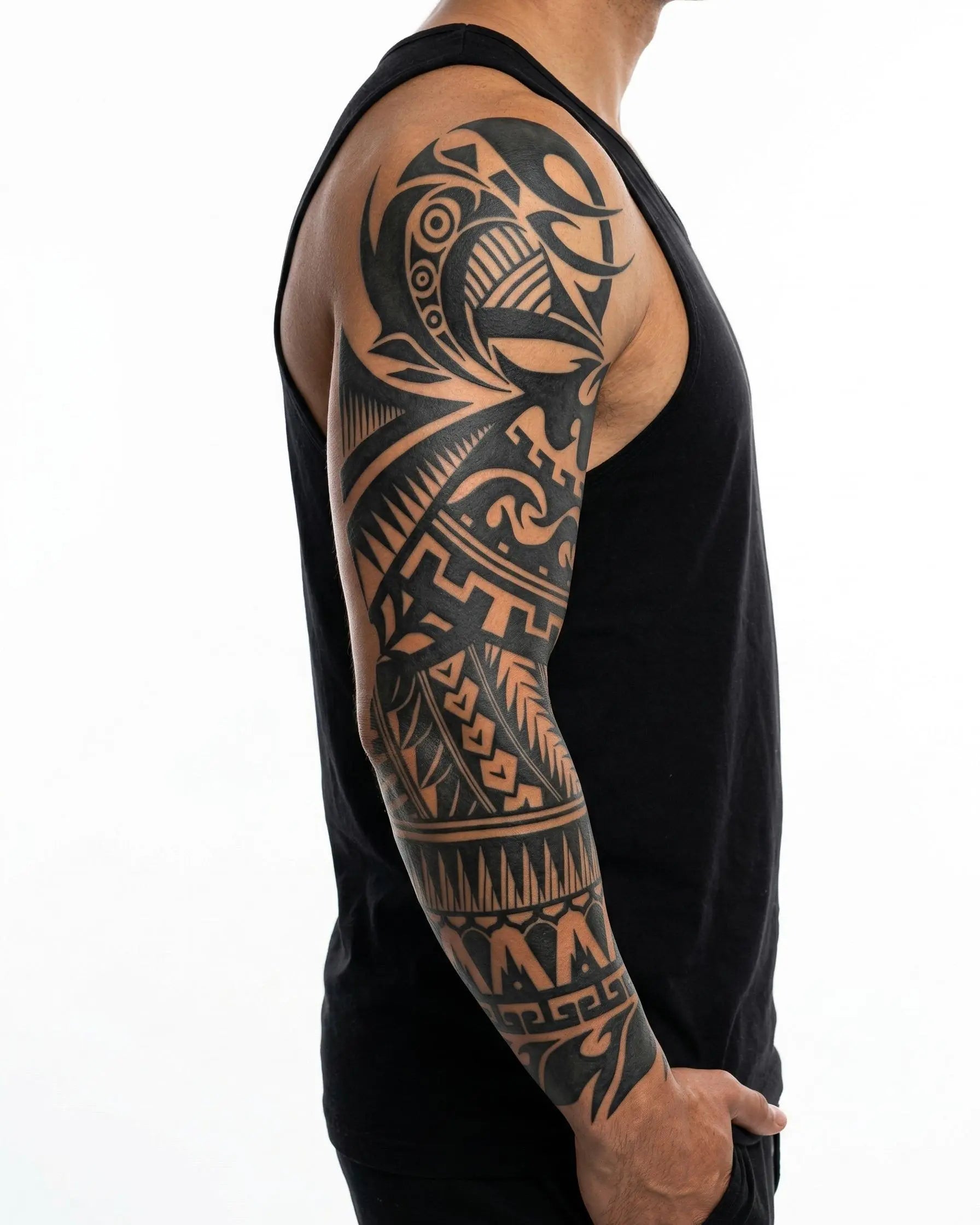 INKON Samoan Tribal semi-permanent tattoo applied on a man – 8 x 20 in (20x50cm) design, realistic ink look, lasts 10 days