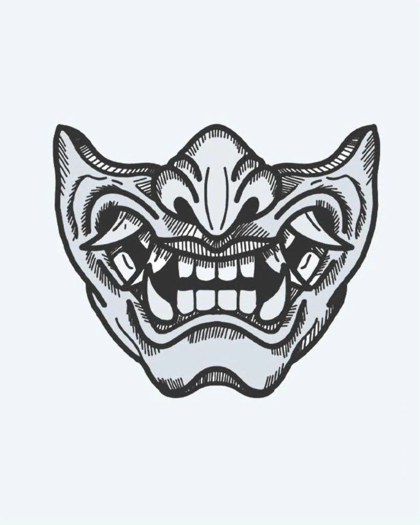 Oni Mask semi-permanent tattoo design by INKON – japanese, demon, half, mask, sharp illustration, 4 x 4 in (9x9cm), available at inkon.co