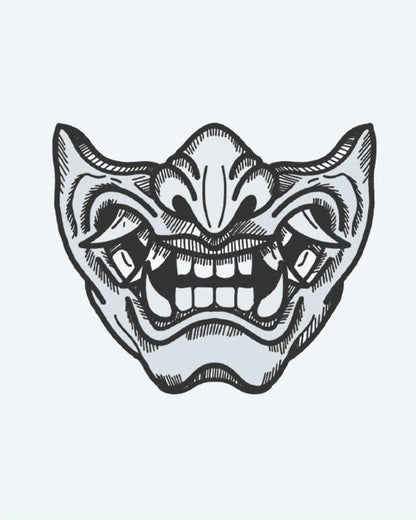 Oni Mask semi-permanent tattoo design by INKON – japanese, demon, half, mask, sharp illustration, 4 x 4 in (9x9cm), available at inkon.co