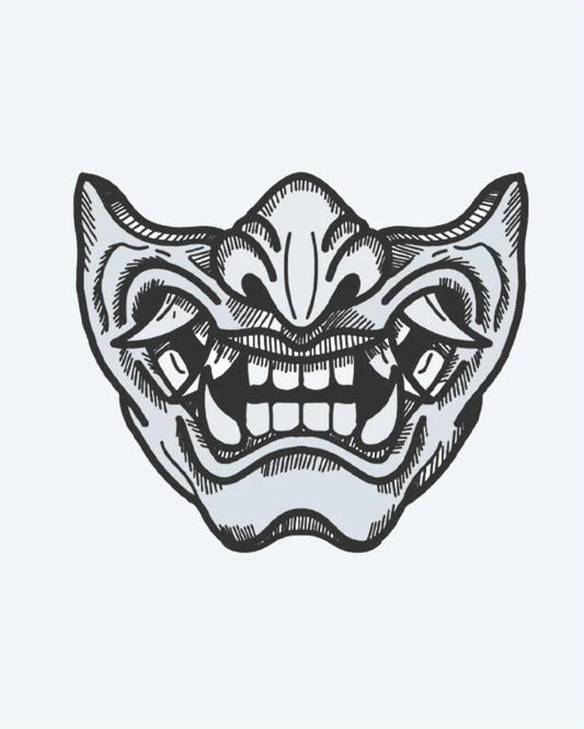 Oni Mask semi-permanent tattoo design by INKON – japanese, demon, half, mask, sharp illustration, 4 x 4 in (9x9cm), available at inkon.co