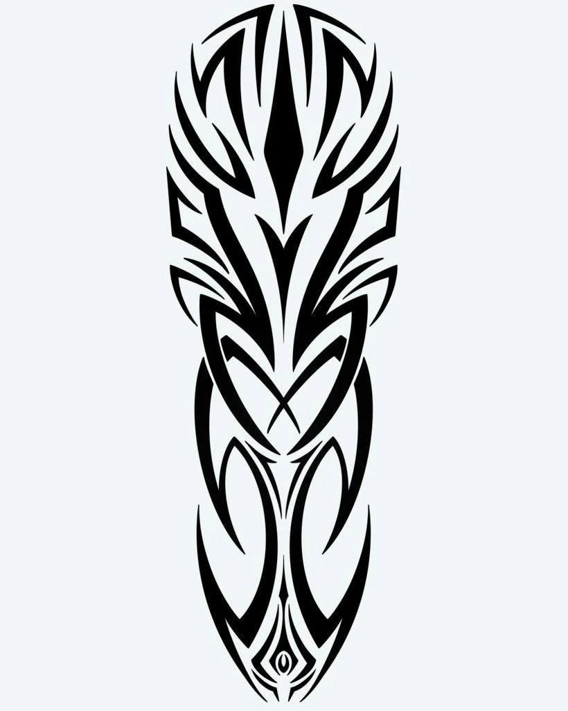 Bold Tribal Crest semi-permanent tattoo design by INKON – symmetrical, tribal, sharp, intersecting, lines illustration, 8 x 20 in (20x50cm), available at inkon.co