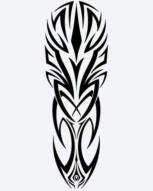 Bold Tribal Crest semi-permanent tattoo design by INKON – symmetrical, tribal, sharp, intersecting, lines illustration, 8 x 20 in (20x50cm), available at inkon.co