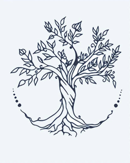 Tree of Life semi-permanent tattoo design by INKON – tree, life, intertwined, roots, leafy illustration, 2 x 2 in (5x5cm), available at inkon.co