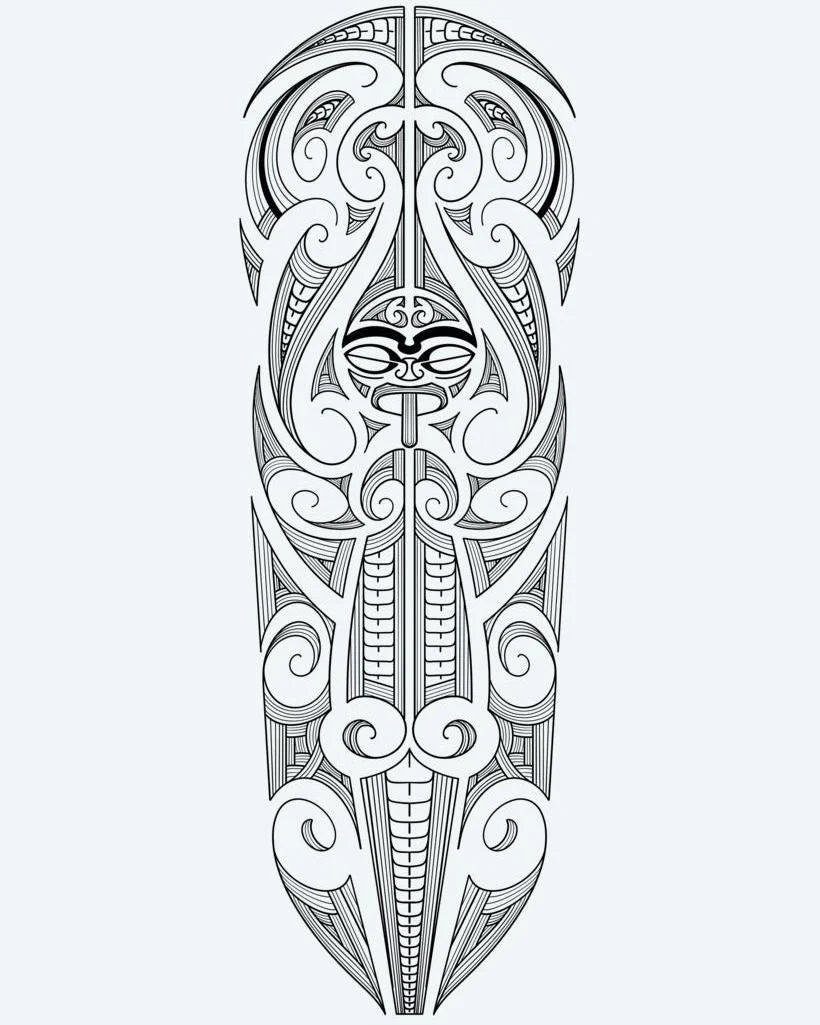 Maori Tiki Full Sleeve semi-permanent tattoo design by INKON – polynesian, tiki, face, center, surrounded illustration, 8 x 20 in (20x50cm), available at inkon.co