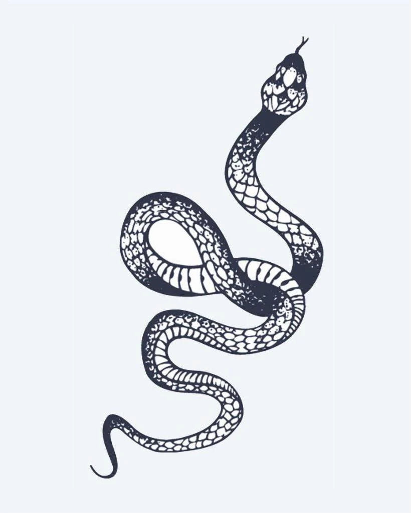 Serpent semi-permanent tattoo design by INKON – slithering, snake, scale, patterns illustration, 2 x 5 in (5x10cm), available at inkon.co