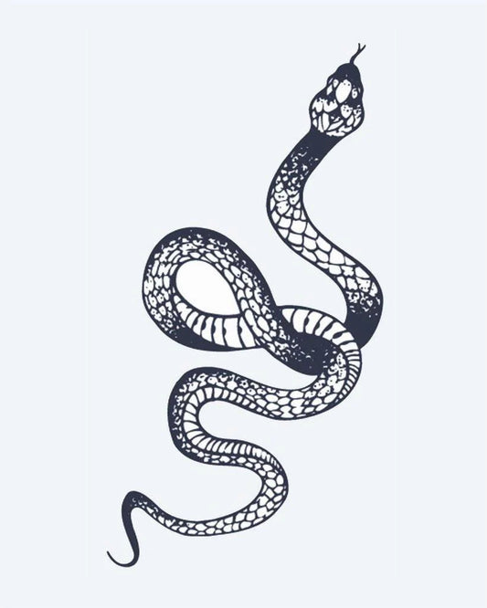 Serpent semi-permanent tattoo design by INKON – slithering, snake, scale, patterns illustration, 2 x 5 in (5x10cm), available at inkon.co