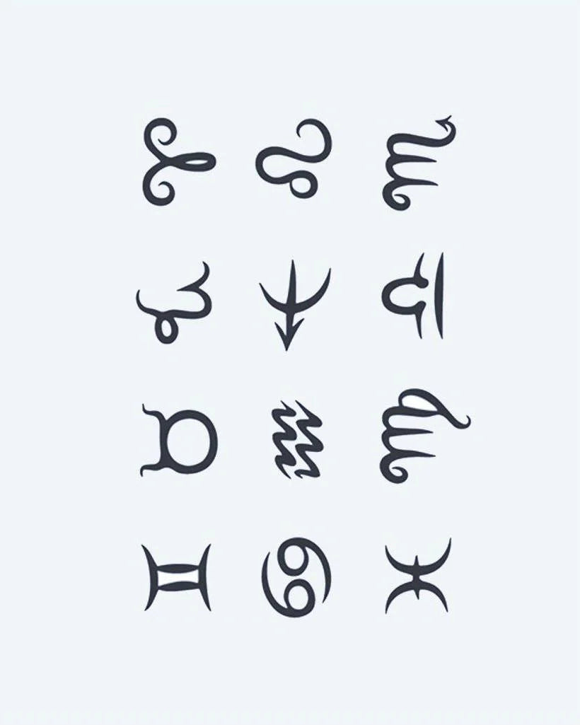Zodiac Signs Collection semi-permanent tattoo design by INKON – zodiac, symbol, tattoos, minimalist, calligraphic illustration, 4 x 7 in (10x17cm), available at inkon.co