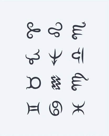 Zodiac Signs Collection semi-permanent tattoo design by INKON – zodiac, symbol, tattoos, minimalist, calligraphic illustration, 4 x 7 in (10x17cm), available at inkon.co