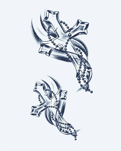 Crosses & Rosary semi-permanent tattoo design by INKON – ornate, gothic, crosses, connected, flowing illustration, 4 x 7 in (10x17cm), available at inkon.co