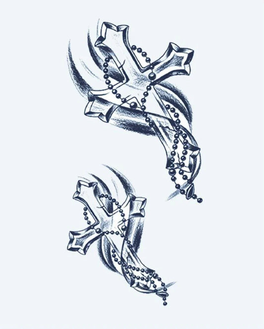 Crosses & Rosary semi-permanent tattoo design by INKON – ornate, gothic, crosses, connected, flowing illustration, 4 x 7 in (10x17cm), available at inkon.co