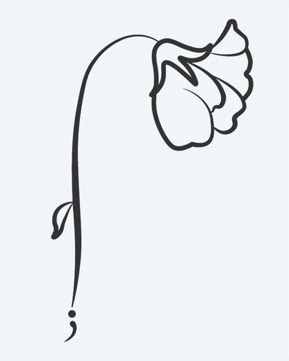 Semicolon Flower semi-permanent tattoo design by INKON – drooping, flower, semicolon, stem, base illustration, 2 x 2 in (5x5cm), available at inkon.co