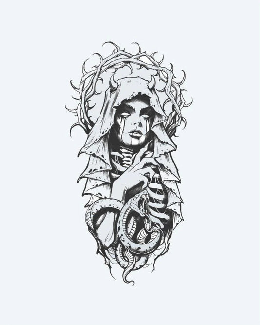 Veiled Lady & Serpent semi-permanent tattoo design by INKON – dark, gothic, veiled, weeping, woman illustration, 4 x 8 in (11x21cm), available at inkon.co